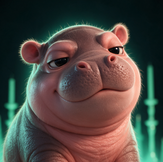 A 3D-rendered pink hippopotamus character smiles slyly against a dark green background with glowing vertical light elements.
