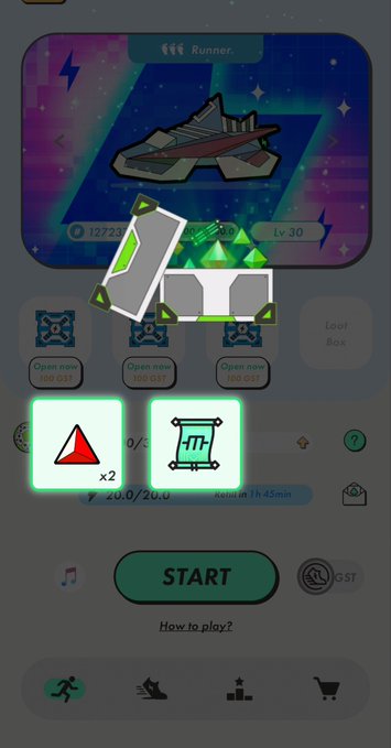 Screenshot of a mobile runner game interface showing a 'Runner' sneaker NFT (Lv 30), 12723 energy, a green gem reward animation, and a 'START' button.