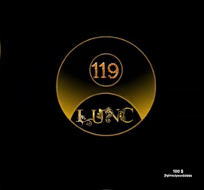 A minimalist graphic on a black background featuring a gold and black yin-yang style circular design with the number '119' in the top half and the text 'LUNC' with a unicorn illustration in the bottom half, along with '@gimsulyeon60996' and '100 $' at the bottom.