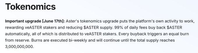 The image focuses on a post that announces a tokenomics upgrade by Aster. The text indicates that Aster is upgrading the tokenomics using 99% of daily platform fees, which will be used for buying back tokens. There are three main sections of this advertisement, including a title "Aster Updates" at the top, a description about how to use the new tokens in the next post, and an emphasis on the tokenomics update, stating that it's important.