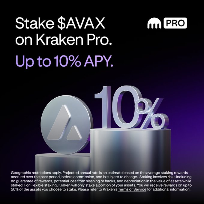 The image features a purple background with three silver cubes stacked on top of each other. The text "STAKE $AVAX on Kraken Pro." is displayed above the cubes, indicating that users can stake their cryptocurrency using the AVAX exchange. Below this information, there's a block of text explaining how to use the AVAX staking service and what it offers in terms of rewards and flexibility.