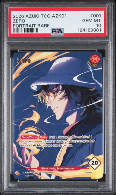 A PSA-graded trading card labeled '2026 AZUKI TCG AZK01 ZERO PORTRAIT RARE' with a GEM MT 10 grade, featuring anime artwork of a character called Zero titled 'Black Jade, Scorchweaver' with game text describing attack mechanics.