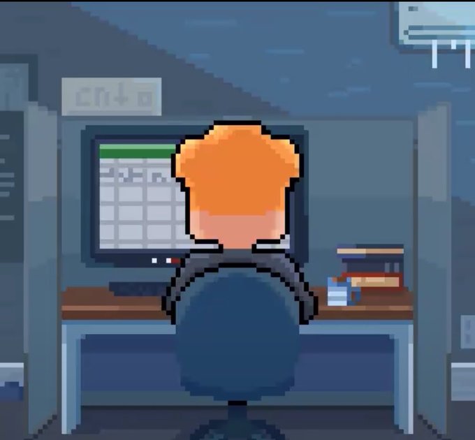 A pixel art illustration showing a person with orange hair sitting at a desk facing a computer monitor displaying a spreadsheet, with books stacked nearby.