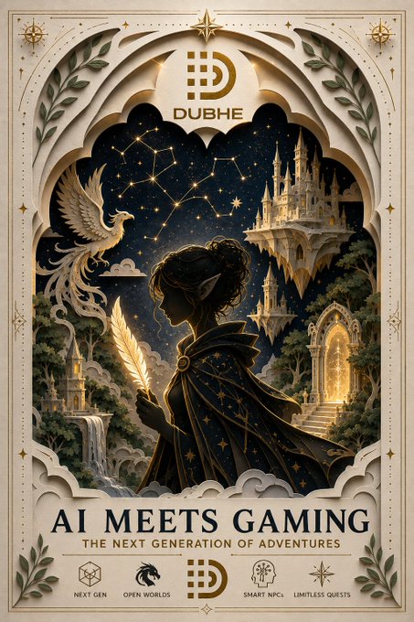 The image is an ornate fantasy-themed promotional poster for "DUBHE" featuring an elven figure with a quill, a phoenix, and a celestial castle, with the tagline "AI MEETS GAMING: THE NEXT GENERATION OF ADVENTURES" and icons highlighting "NEXT GEN," "OPEN WORLDS," "SMART NPCs," and "LIMITLESS QUESTS." It visually reinforces the message about generative AI transforming gaming into dynamic, living experiences, aligning with the post's claim that @DubheEngine on @SuiNetwork delivers the sovereign foundation to power these eternal, AI-driven adventures.