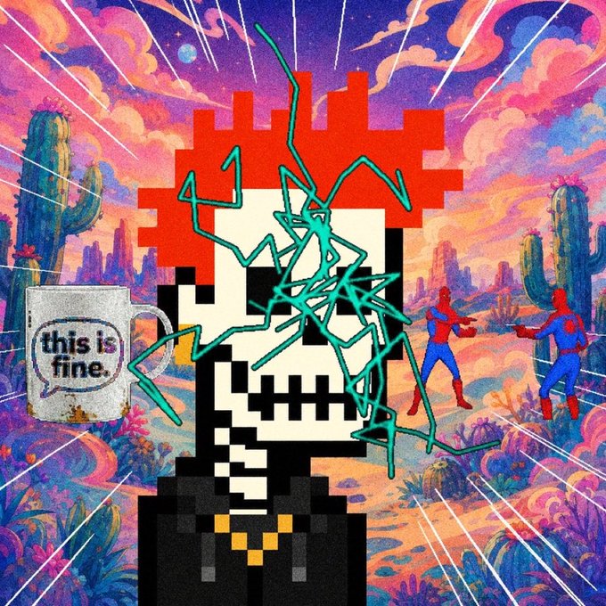 A digital artwork combining a pixelated red and white figure with a "this is fine." coffee mug, a chaotic teal scribble overlay, two Spider-Man figures in a desert landscape with cacti, set against a vibrant sunset sky with radiating lines.