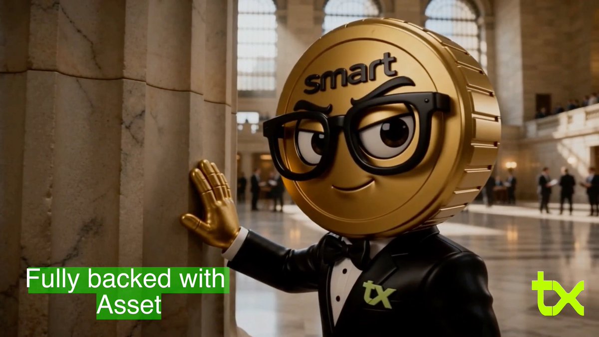 An animated golden coin character with glasses, labeled "smart" on its forehead and wearing a tuxedo, poses elegantly in a grand marble hall with the text "Fully backed with Asset" displayed. The image promotes the $smart meme token, with the "tx" logo in the corner reinforcing its real-asset-backed nature against synthetic alternatives.