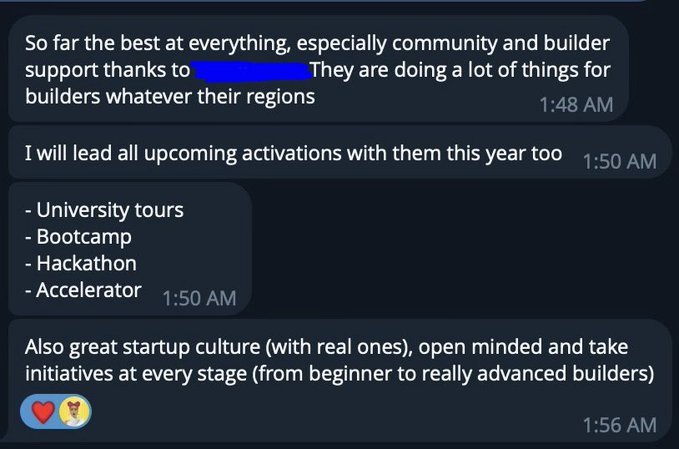 A screenshot of a Telegram message review praising an ecosystem's community and builder support, listing activities like university tours, bootcamps, hackathons, and an accelerator, while highlighting its open-minded startup culture.