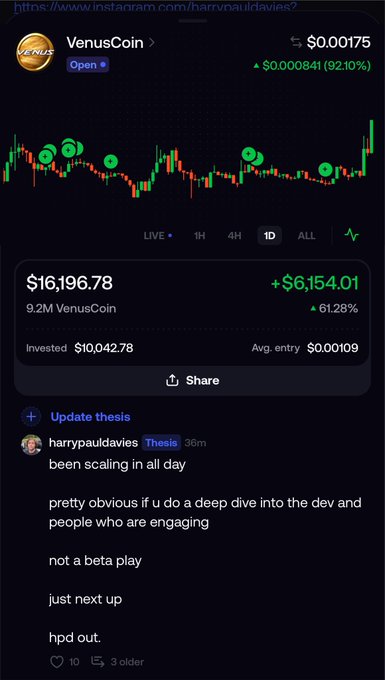 A trading portfolio screenshot showing VenusCoin (XVS) holdings worth $16,196.78 with a +61.28% gain, posted by @harrypauldavies who notes they've been "scaling in all day" and describes it as "not a beta play, just next up," aligning with their teaser about an upcoming six-figure PNL.