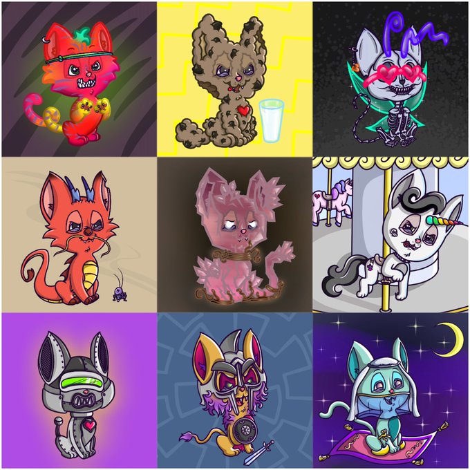 A 3x3 grid of nine stylized, cartoonish cat character illustrations, each featuring different colors, accessories, and fantastical designs.