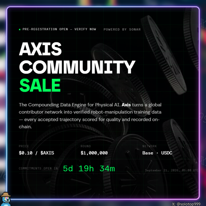 A dark-themed promotional graphic for an 'AXIS COMMUNITY SALE' powered by Sonar, with a price of '$0.10 / $AXIS', a round size of '$1,000,000', and text describing 'The Compounding Data Engine for Physical AI'.