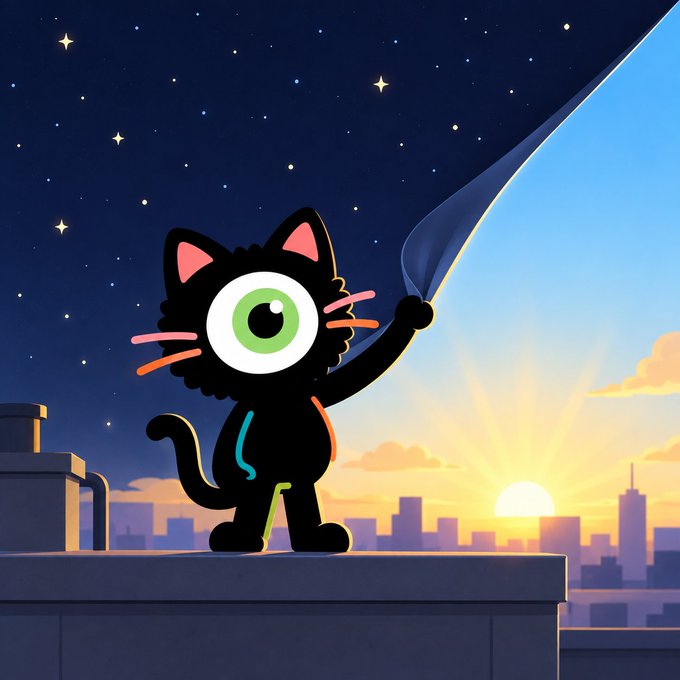 An illustration depicts a black cartoon cat with one large green eye lifting a curtain to reveal a sunrise over a city skyline, transitioning from a starry night sky to a bright blue sky.