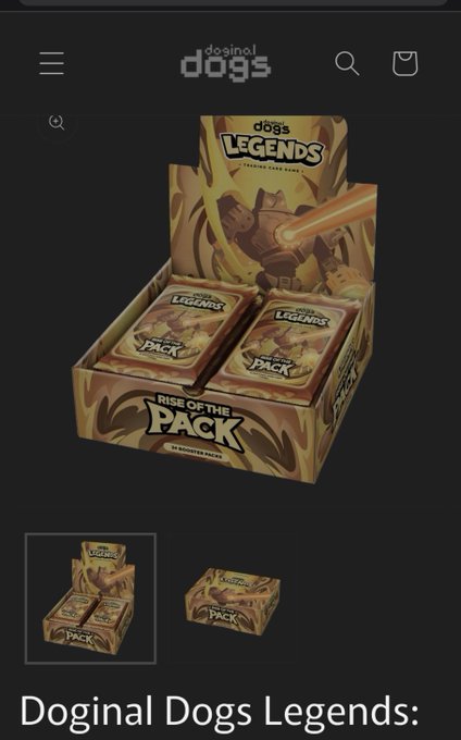 A mobile app screenshot for 'doginal dogs' showing a product page for 'DOGS LEGENDS' trading card packs titled 'Rise of the Pack'.