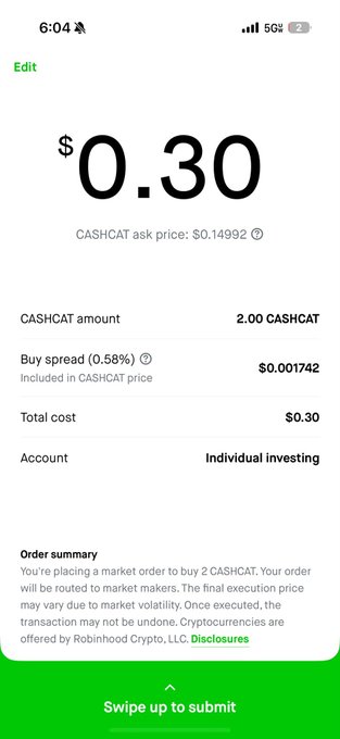 A Robinhood cryptocurrency purchase screen showing a market order for 2.00 CASHCAT at an ask price of $0.14992, with a total cost of $0.30 and a buy spread of 0.58%.