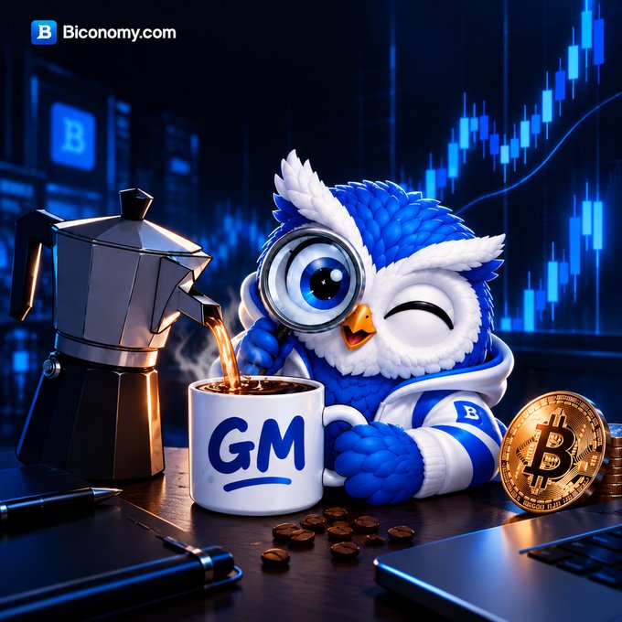 A stylized 3D illustration of a blue owl mascot holding a magnifying glass next to a coffee mug labeled 'GM' and a Bitcoin coin, with coffee pouring from a moka pot and a candlestick chart in the background; branded with 'Bicconomy.com'.