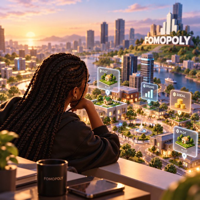 A person overlooks a city at sunset with holographic real-estate and investment markers labeled “PLOT,” “STOCKS,” and “IDEAL”; “FOMOPOLY” appears in the upper right and on a mug.