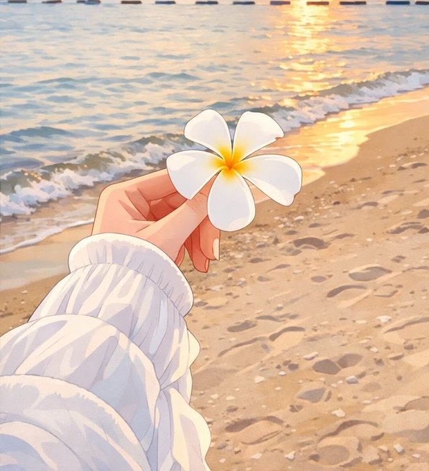 Anime-style illustration of a hand in a white sleeve holding a white and yellow plumeria flower against a sunset beach scene with waves reflecting golden light.