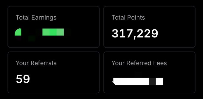 A dark dashboard displays four metrics: 'Total Earnings' with a green progress bar, 'Total Points' showing '317,229', 'Your Referrals' showing '59', and 'Your Referred Fees' with a partially obscured white bar.