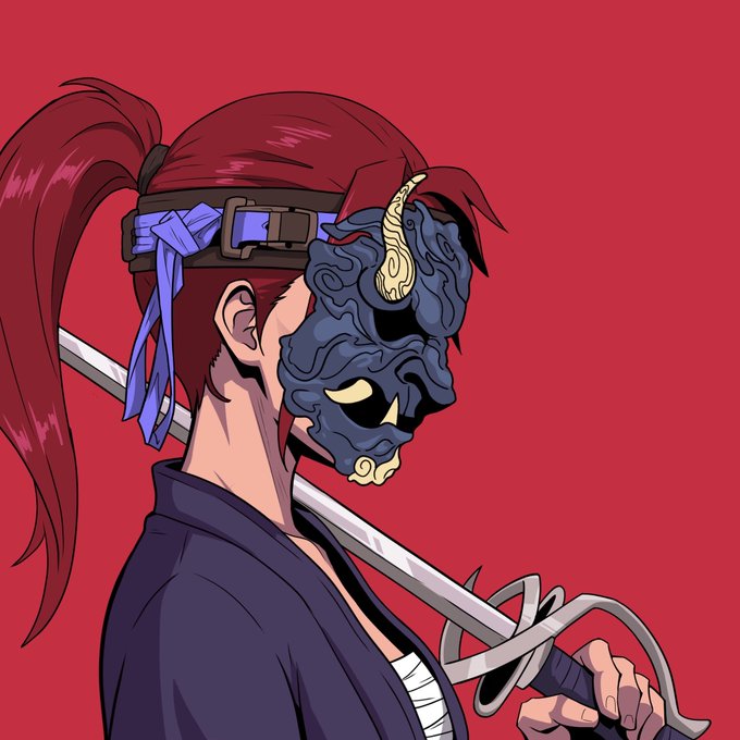 An illustration of a samurai in a dark robe with a red ponytail, wearing a blue demon oni mask and carrying a katana against a red background.