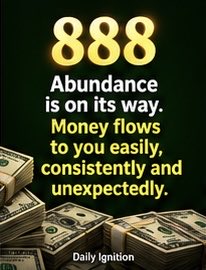 A 'Daily Ignition' affirmation graphic with '888 Abundance is on its way. Money flows to you easily, consistently and unexpectedly.' over stacks of cash.
