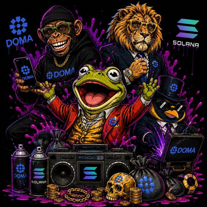 Vibrant graffiti-style illustration featuring a monkey, lion, frog, and penguin in streetwear alongside spray paint cans, a boombox, skull, gold chains, and coins, with DOMA and Solana logos displayed prominently.