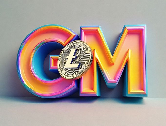 A 3D rendered graphic features colorful gradient letters 'GM' in pink, orange, and blue with a Litecoin cryptocurrency coin positioned in the center.