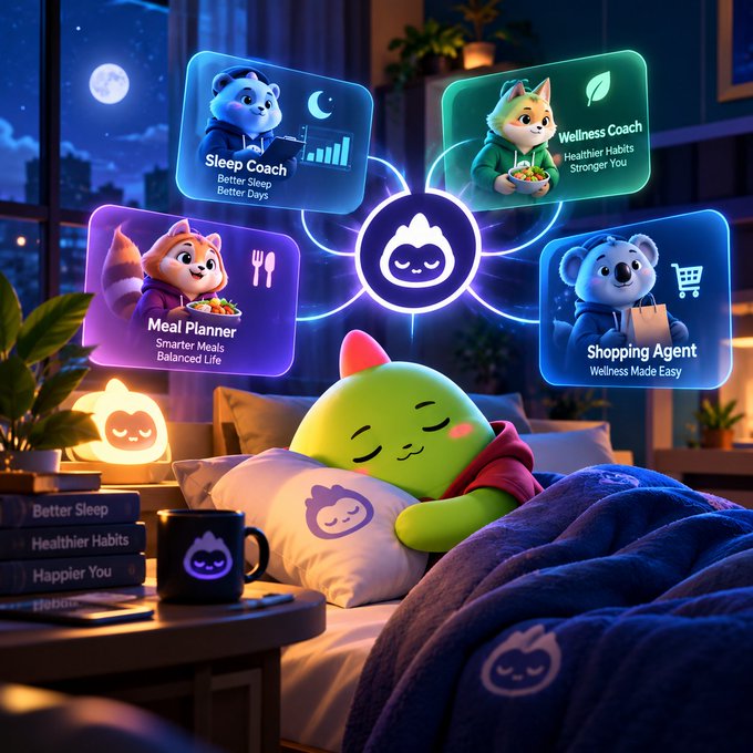 A 3D-rendered illustration of a sleeping green character in bed features holographic callouts for 'Sleep Coach', 'Wellness Coach', 'Meal Planner', and 'Shopping Agent' services.