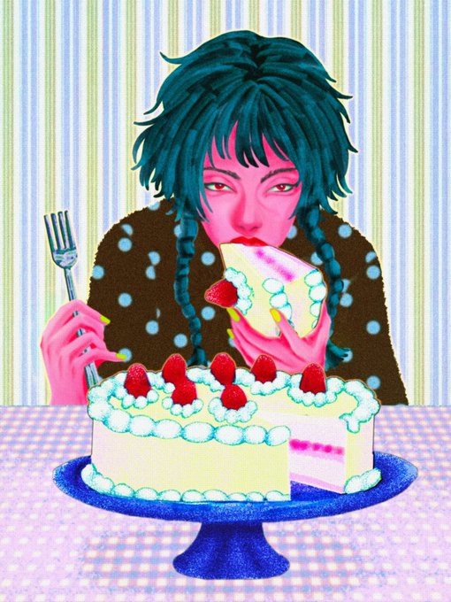 An illustration of a pink-skinned character with teal braided hair eating a slice of strawberry-topped cake while holding a fork, with the full cake on a cake stand.