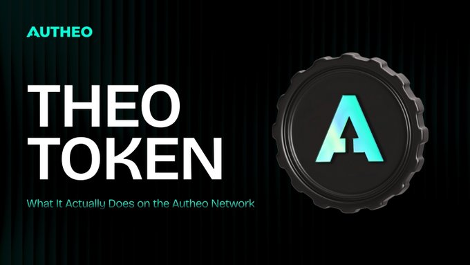 A promotional graphic for the 'THEO TOKEN' on the Autheo Network, featuring the AUTHEO logo in teal and a black coin displaying the THEO 'A' symbol.