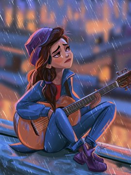 A cartoon-style illustration of a young woman wearing a blue jacket and red beanie, sitting and playing an acoustic guitar in the rain.