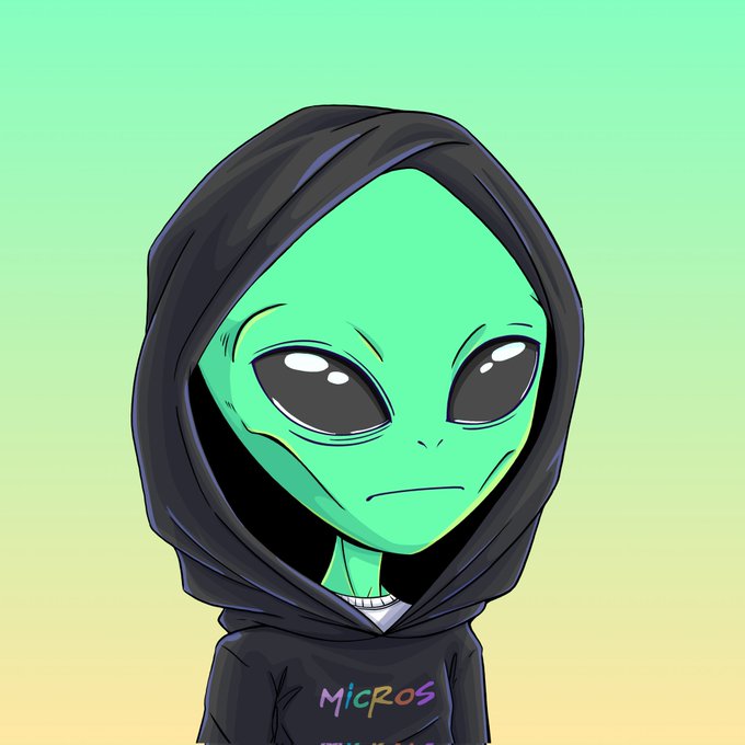 A cartoon-style green alien wearing a black hoodie with "Micros" written in colorful text on the front, posed as a profile picture against a gradient green and orange background—matching the poster's new Micros NFT hoodie acquisition.