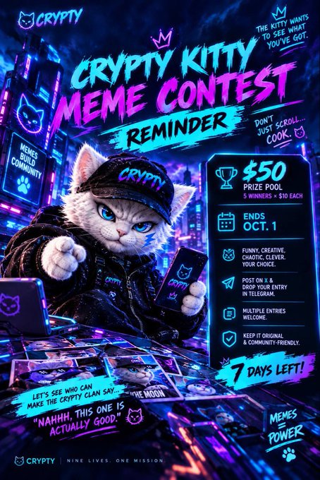 A promotional poster for the 'CRYPTY KITTY MEME CONTEST REMINDER' featuring a cat wearing a cap and jacket, with a $50 prize pool and 7 days left to enter.