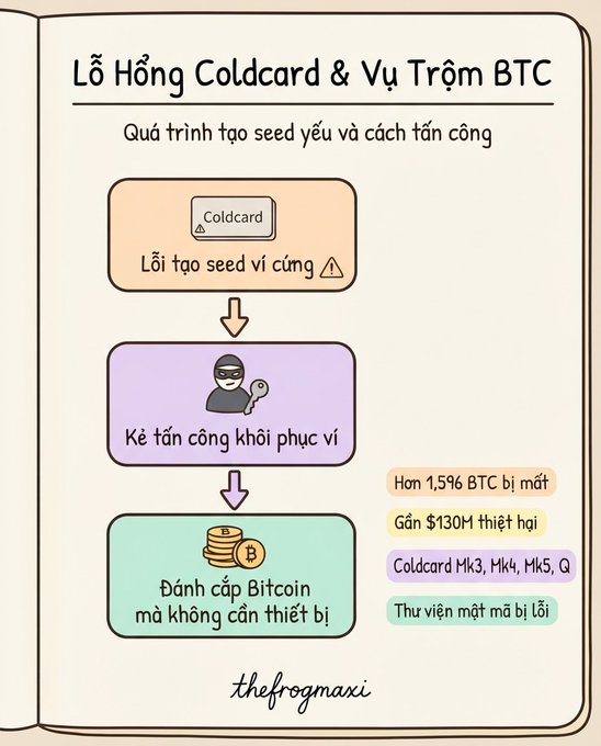 An infographic titled "Lỗ Hổng Coldcard & Vụ Trộm BTC" explaining how weak seed generation on Coldcard Mk3, Mk4, Mk5, Q wallets led to thieves recovering wallets and stealing over 1.5% of BTC ($130M damage), credited to "thefrogmaxi".