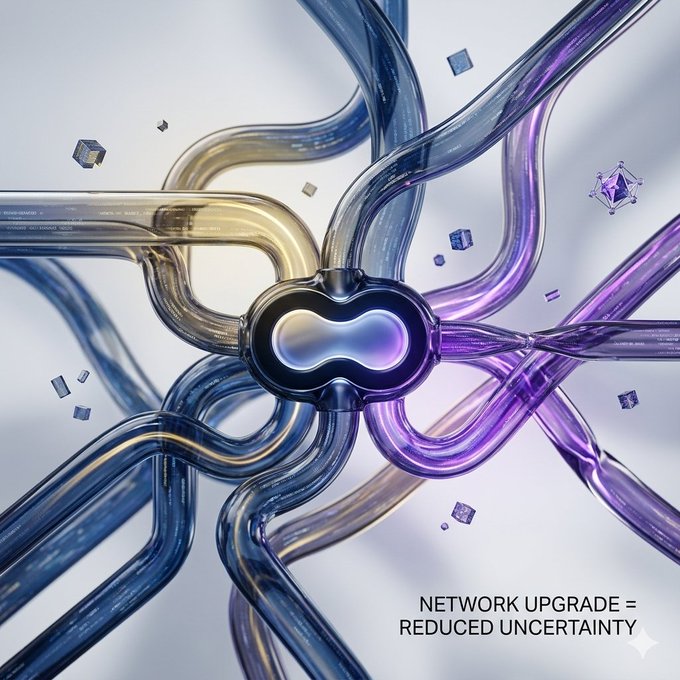 An abstract digital artwork showing a central peanut-shaped node connected to multiple colorful glass-like tubes (blue, gold, purple) with the text 'NETWORK UPGRADE = REDUCED UNCERTAINTY' in the bottom right corner.