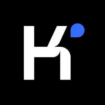 A minimalist logo featuring a white letter 'K' with a blue dot on a black background.