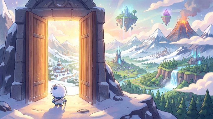 A whimsical digital illustration of a small white-haired character standing at a large stone doorway opening to a vast fantasy landscape with floating islands, snow-capped mountains, a volcano, waterfalls, and magical castles.
