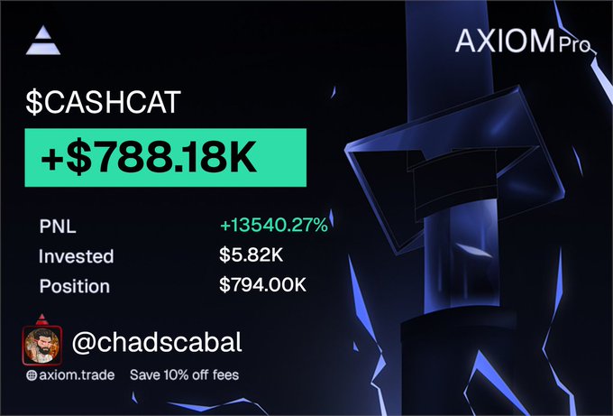 A cryptocurrency trading performance card from AXIOM Pro showing '$CASHCAT' with a gain of +$788.18K, a PNL of +13540.27%, invested $5.82K, position $794.00K, credited to '@chadscabal' with promo code 'axiom.trade' for 10% off fees.