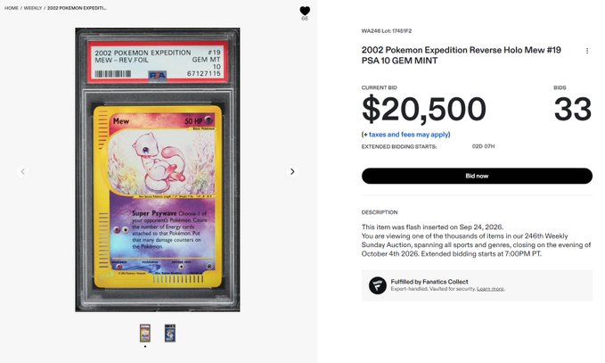 An auction listing for a 2002 Pokemon Expedition Reverse Holo Mew #19 PSA 10 GEM MINT card with a current bid of $20,500.
