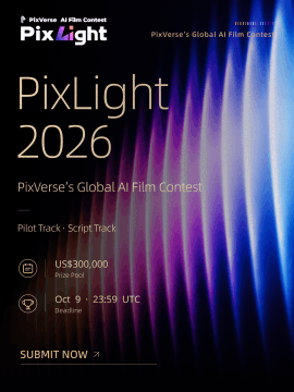 An advertisement for PixLight 2026, PixVerse's Global AI Film Contest, with a prize pool of US$300,000 and a deadline of October 9 at 23:59 UTC.