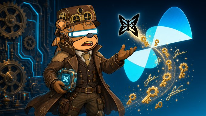An illustration of a steampunk-style bear character holding a device with an X logo, accompanied by a butterfly and keys, set against a blue mechanical background.