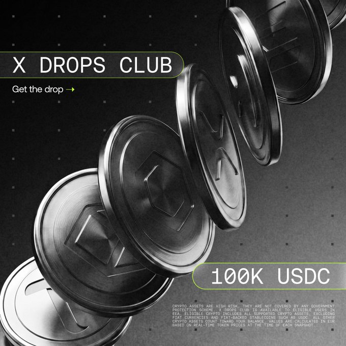 A sleek promotional graphic for "X DROPS CLUB" features cascading metallic coins against a dark background, with a "Get the drop →" call-to-action and a highlighted "100K USDC" prize pool, directly tying to the post's invitation to trade tokens like XRP, SOL, HYPE, ZEC, and DOGE for a share of the $100,000 USDC prize.
