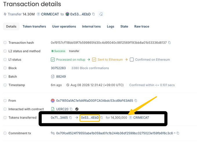 A blockchain transaction details page showing a transfer of 14.30M CRIMECAT tokens from address 0x71...3A65 to 0x53...4EbD, with a yellow arrow pointing to the receiving address.