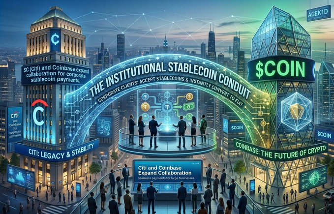 A futuristic digital illustration depicts a cityscape with a glowing arch reading 'THE INSTITUTIONAL STABLECOIN CONDUIT' connecting buildings labeled 'CITI: LEGACY & STABILITY' and 'COINBASE: THE FUTURE OF CRYPTO', representing collaboration for corporate stablecoin payments.