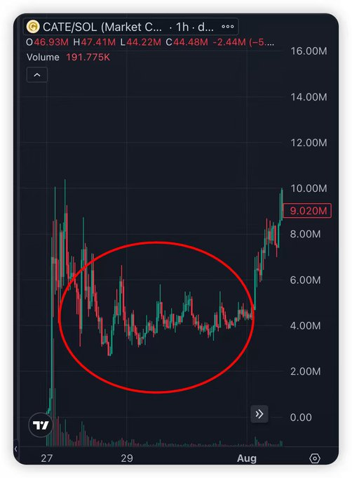 A cryptocurrency price chart for CATE/SOL (Market C) showing a decline of -5.20% with the current price at 44.48M. A red oval highlights a period of consolidation and volatility in the price action.