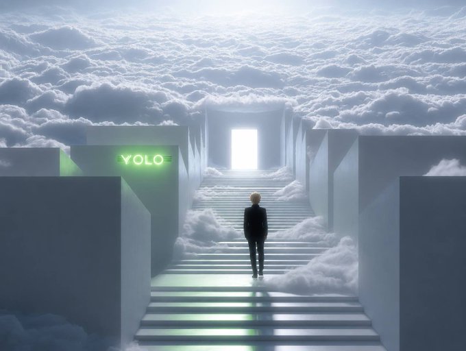 A person walks up a staircase made of white blocks above the clouds toward a glowing doorway, with a green neon sign reading "YOLO" on the left wall.