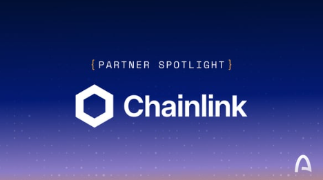 A blue gradient graphic announcing a '{PARTNER SPOTLIGHT}' feature for Chainlink, displaying the Chainlink logo and name.
