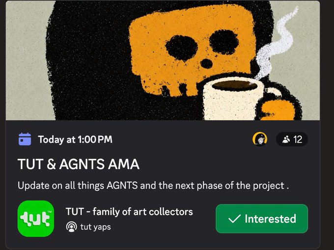 A promotional graphic featuring an orange skull holding a coffee mug, advertising a 'TUT & AGNTS AMA' event 'Today at 1:00PM' hosted by 'TUT - family of art collectors'.