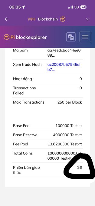A screenshot of the Pi blockchain explorer app shows block details including 'Mã bõm', 'Base Fee 100000 Test-π', 'Total Coins', and a circled 'Phiên bản giao thức' value of 26.