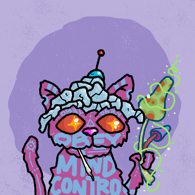 A vibrant digital artwork featuring a stylized pink creature with 'OBEY' written across its eyes and 'MIND CONTROL' on its body, surrounded by green vines and a purple background.
