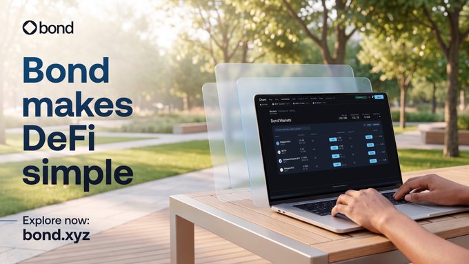 The image is a promotional banner for Bond, featuring the headline "Bond makes DeFi simple" alongside an "Obond" logo and "Explore now: bond.xyz" text. It depicts hands working on a laptop in a serene outdoor park setting, with translucent layers rising from the screen showing a "Bond Markets" interface, visually illustrating how Bond simplifies decentralized finance by consolidating multiple interactions into one seamless experience.