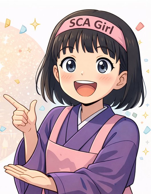 An anime-style illustration of a smiling young girl with short black hair, wearing a pink headband labeled 'SCA Girl', a purple kimono with a pink apron, pointing to the side against a sparkly pastel background.